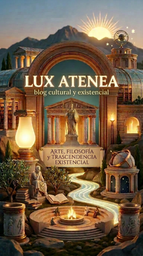 Classical Greek architecture with a glowing sun, statues, and an open book representing a cultural and existential blog